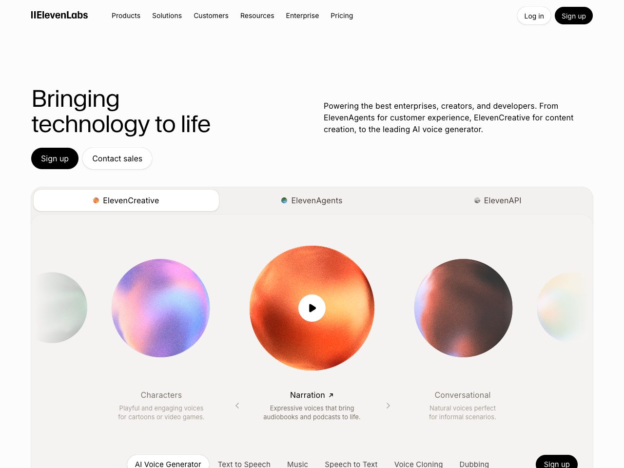 Homepage screenshot of ElevenLabs