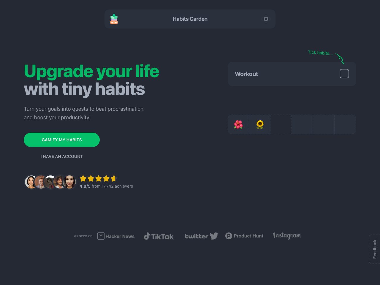 Homepage screenshot of Habits Garden