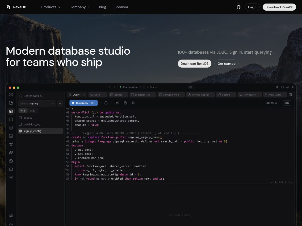 Homepage screenshot of RexaDB