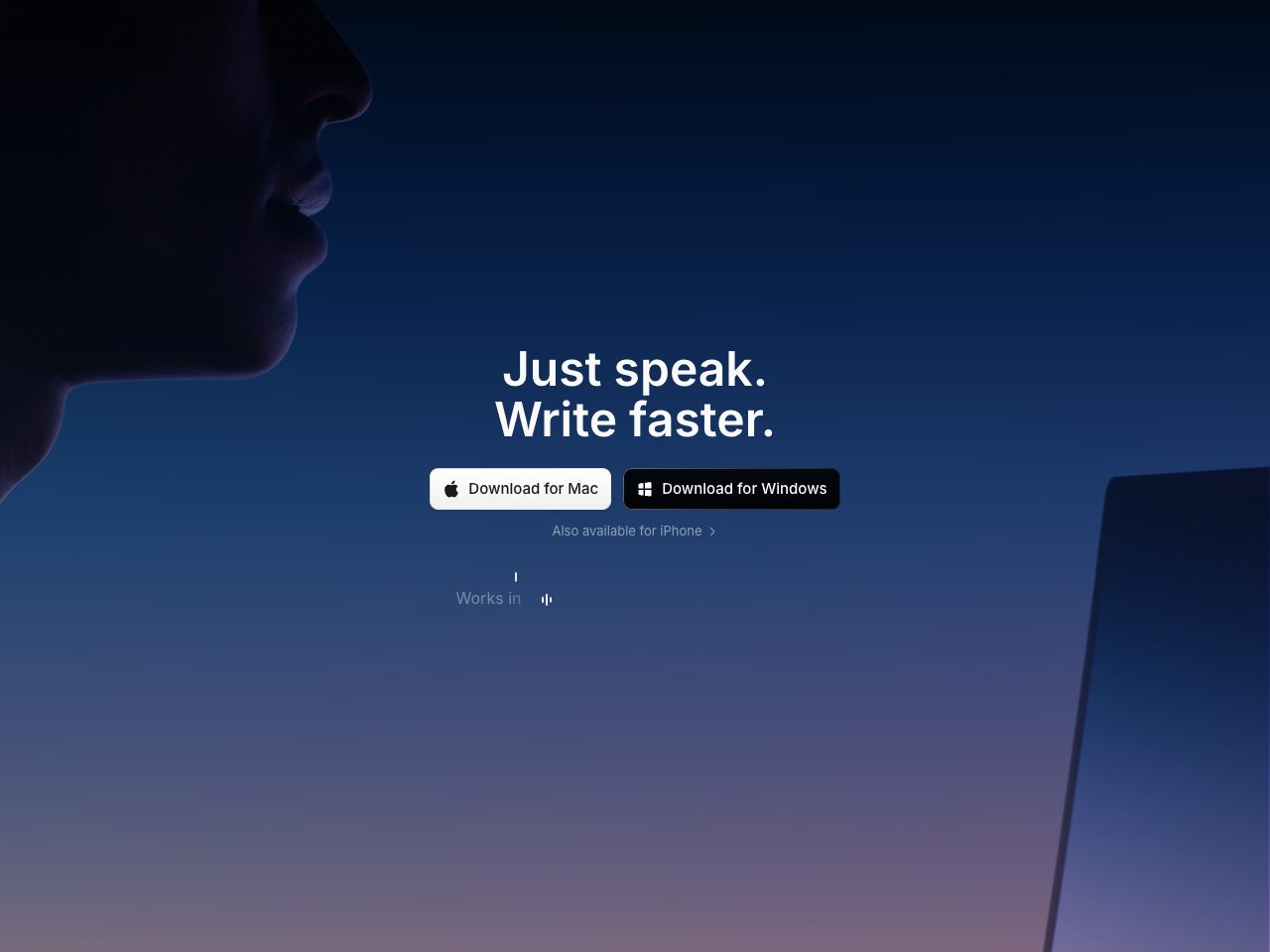 Homepage screenshot of Superwhisper