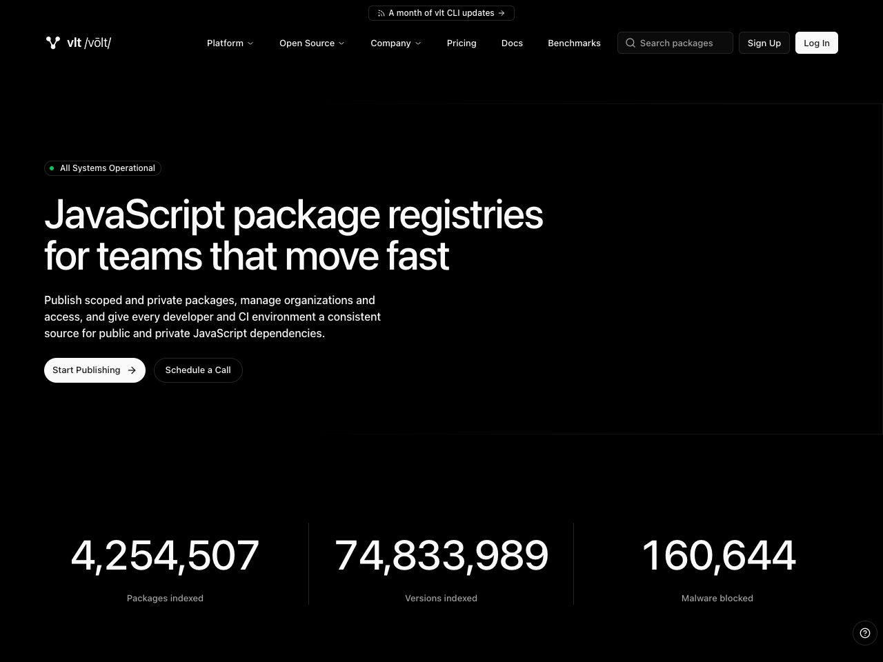 Homepage screenshot of vlt